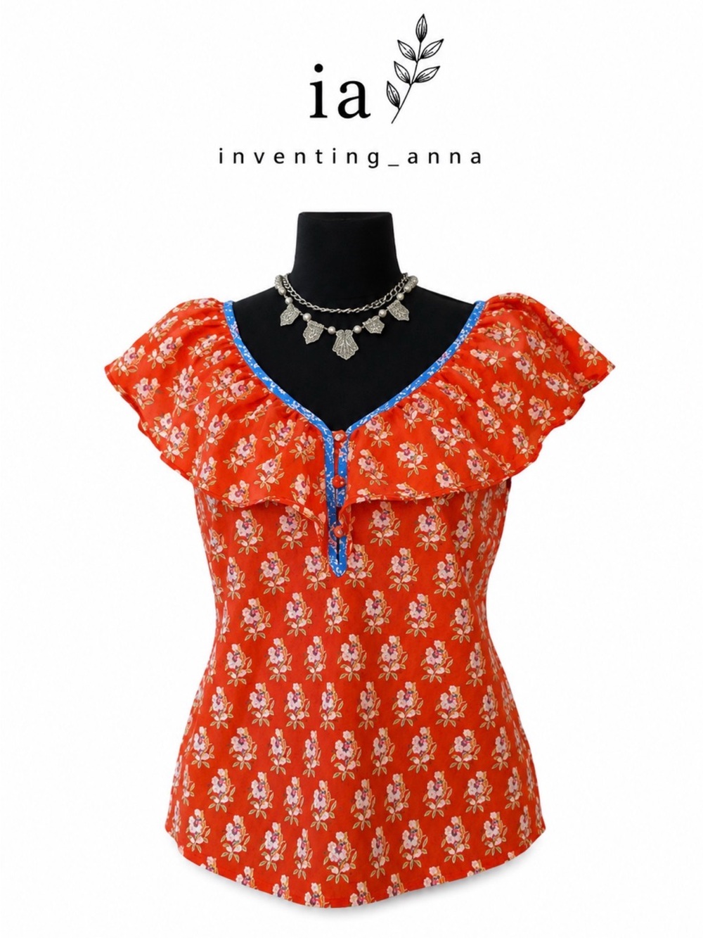 J. CREW Red Floral Ruffled Top w/White Flower Print Blue Trim Details Lined